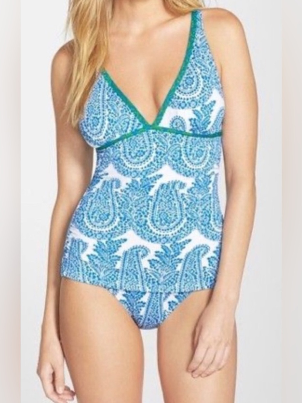 Tommy Bahamas 2 piece Tankini Bandana Paisley Swimsuit Sailor Blue Palm Green S